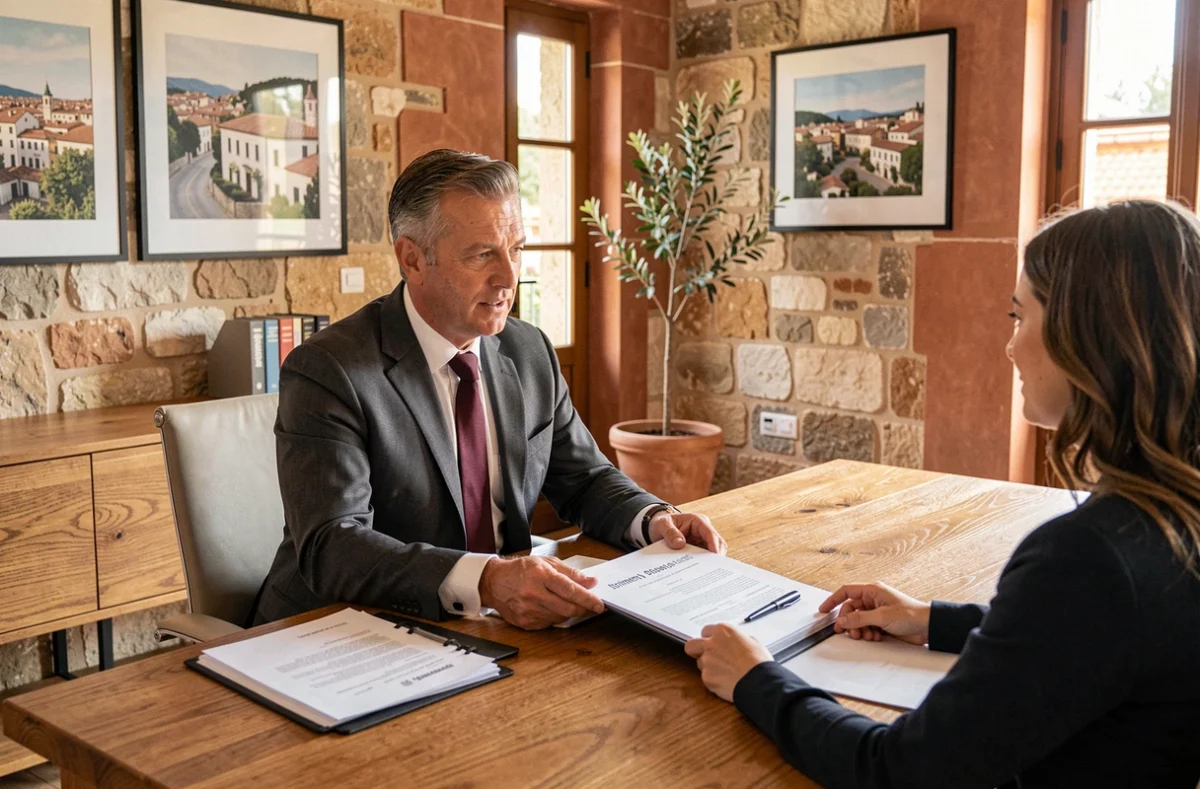 Conseiller patrimonial d'Armonial Partners à Montpellier présentant un rapport de gestion de patrimoine à un couple de clients