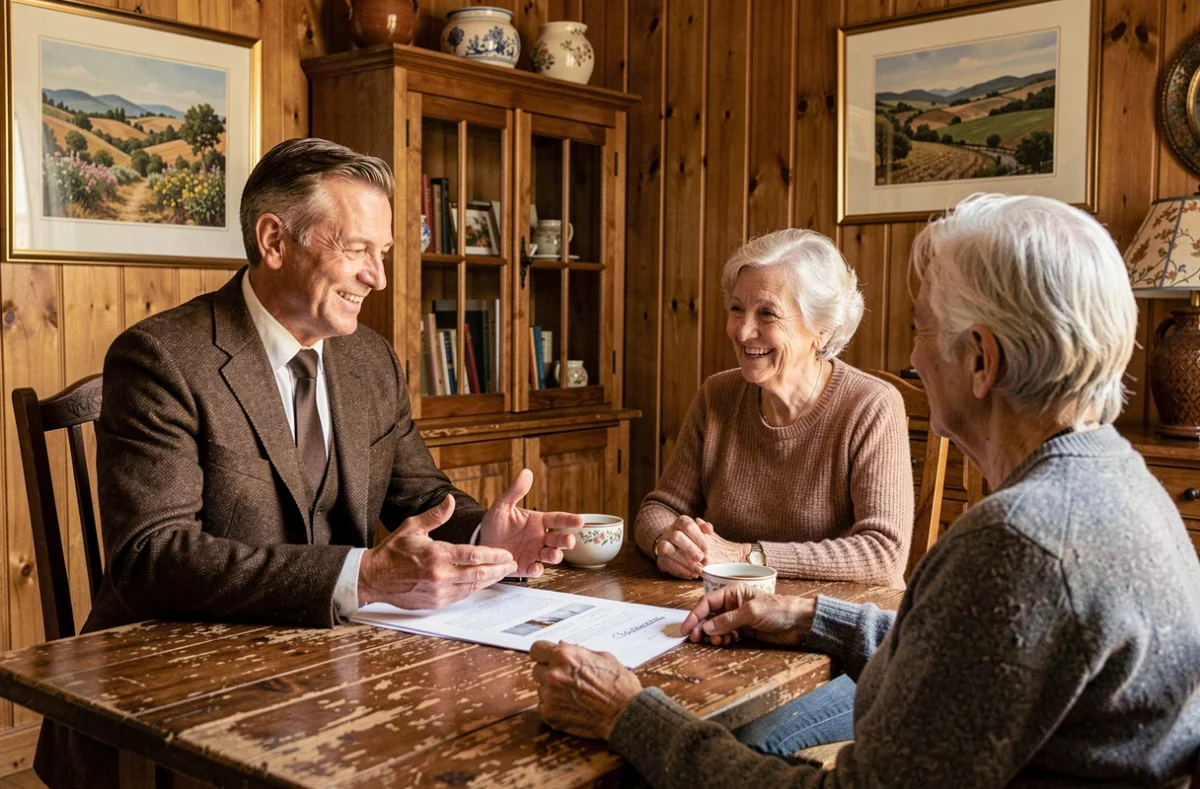 Conseiller généraliste d'AS Conseil & Patrimoine en Occitanie expliquant un plan financier à un couple de retraités dans une salle chaleureuse