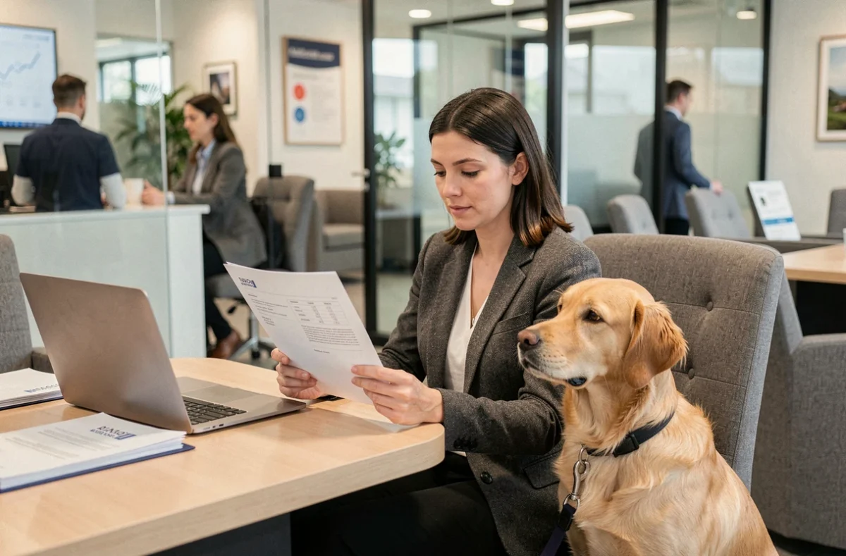 Femme en agence bancaire qui examine un contrat d'assurance chien avec son golden retriever assis à ses côtés
