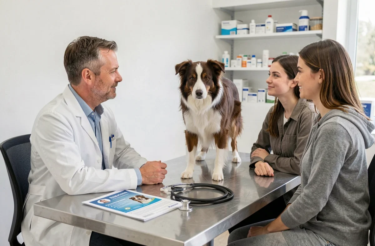 Vétérinaire présentant une brochure d'assurance chien bancaire à un couple lors d'une consultation
