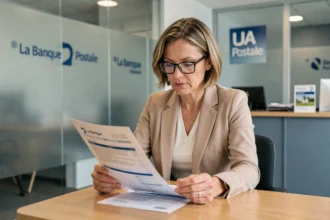 Femme consultant une attestation d'assurance voyage à la Banque Postale