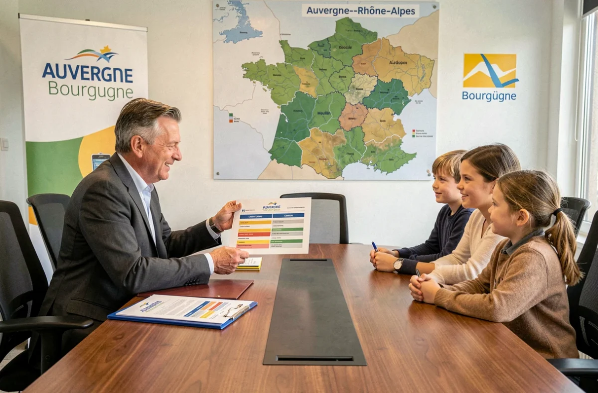 Courtier d'Auvergne Bourgogne Courtage présentant une offre multi-crédits à une famille en bureau régional