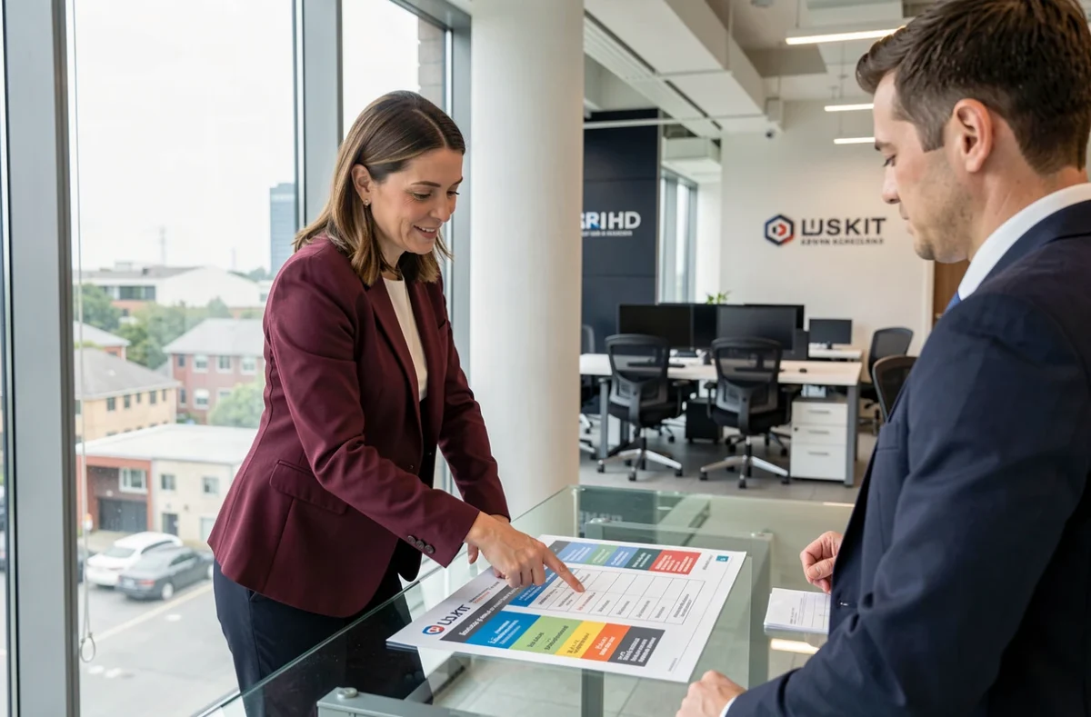 Une professionnelle de Bazassur présente des offres d'assurance comparatives à un collègue dans un bureau moderne