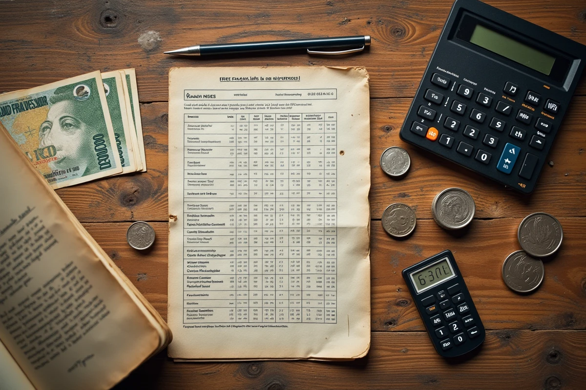 Vue aérienne de billets et pièces en anciens francs posés à côté d'un tableau de conversion en euros et d'une calculatrice