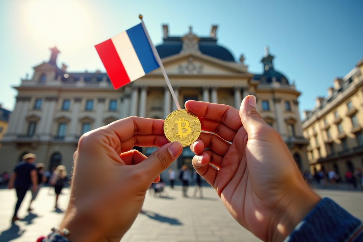 Mains tenant un bitcoin doré et un drapeau français devant le Palais Brongniart