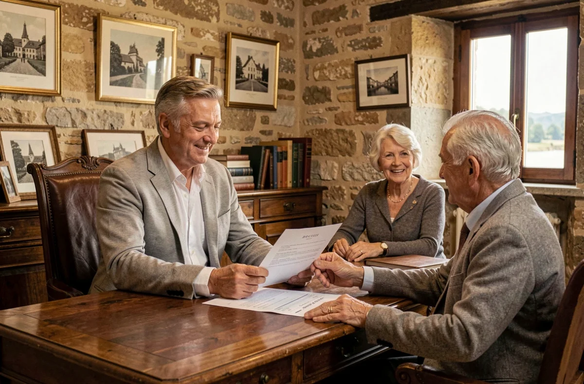 Courtier immobilier Michel Bourgneuf en consultation avec des clients dans son bureau de Decize
