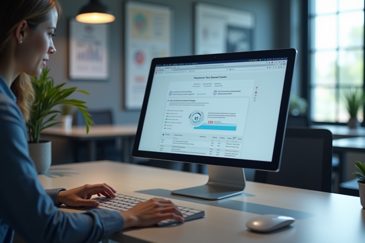 Bureau moderne avec moniteur affichant un portail en ligne