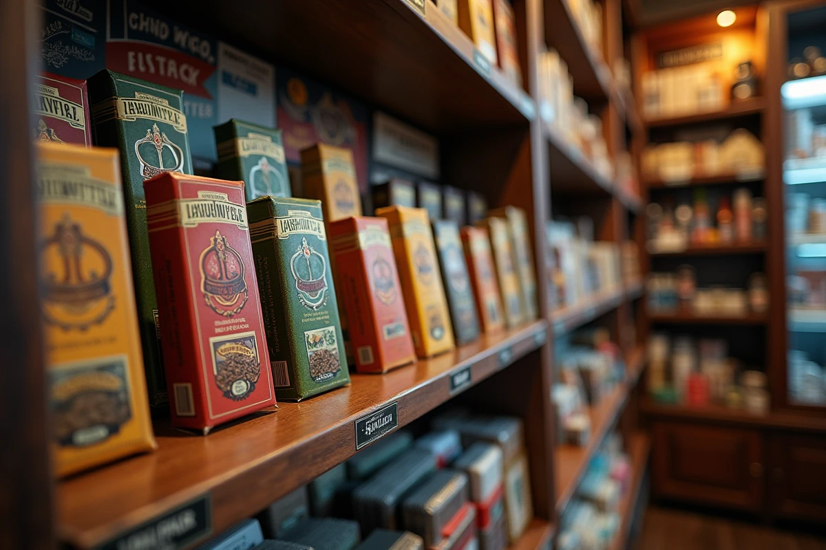 Étagère d'un bureau de tabac allemand avec des paquets de tabac à rouler et accessoires