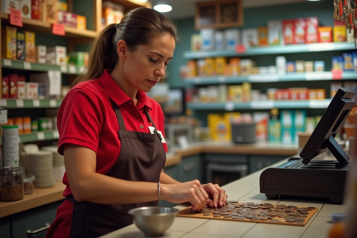 Caissière française comptant des pièces dans une épicerie