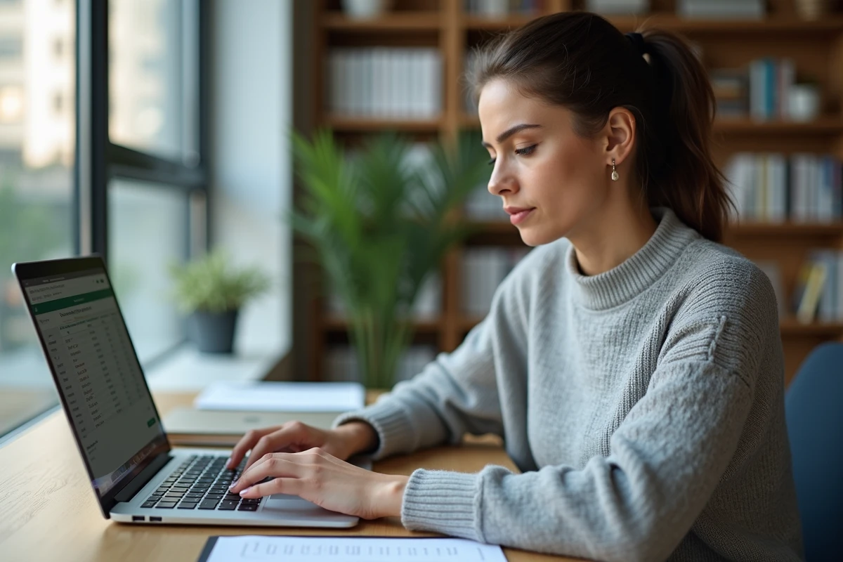 Femme concentrée saisissant des heures en centièmes dans Google Sheets sur un laptop argenté dans un bureau moderne