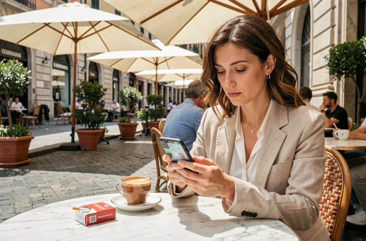 Une femme consultant un calculateur d'économies sur smartphone avec un paquet de cigarettes italiennes sur une table de café à Milan