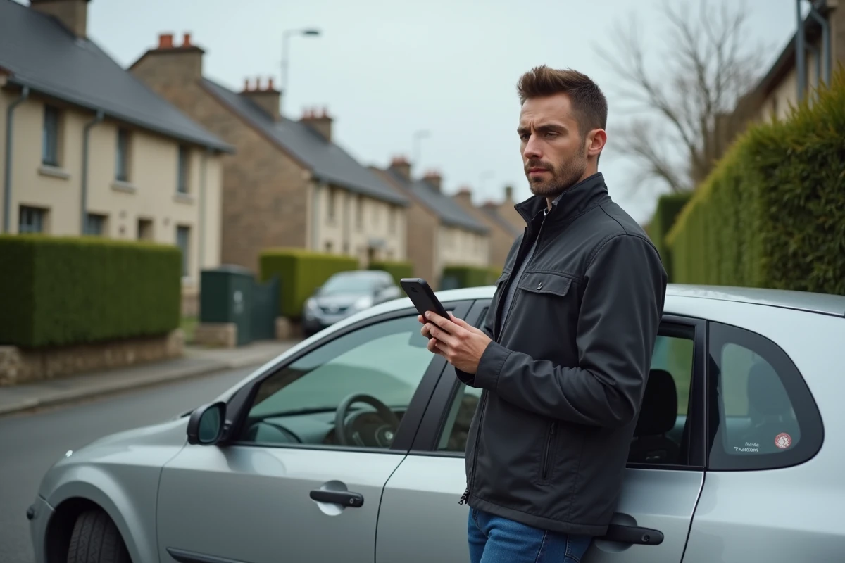 Homme comparant des assurances auto sur smartphone avant de changer d'assureur Matmut