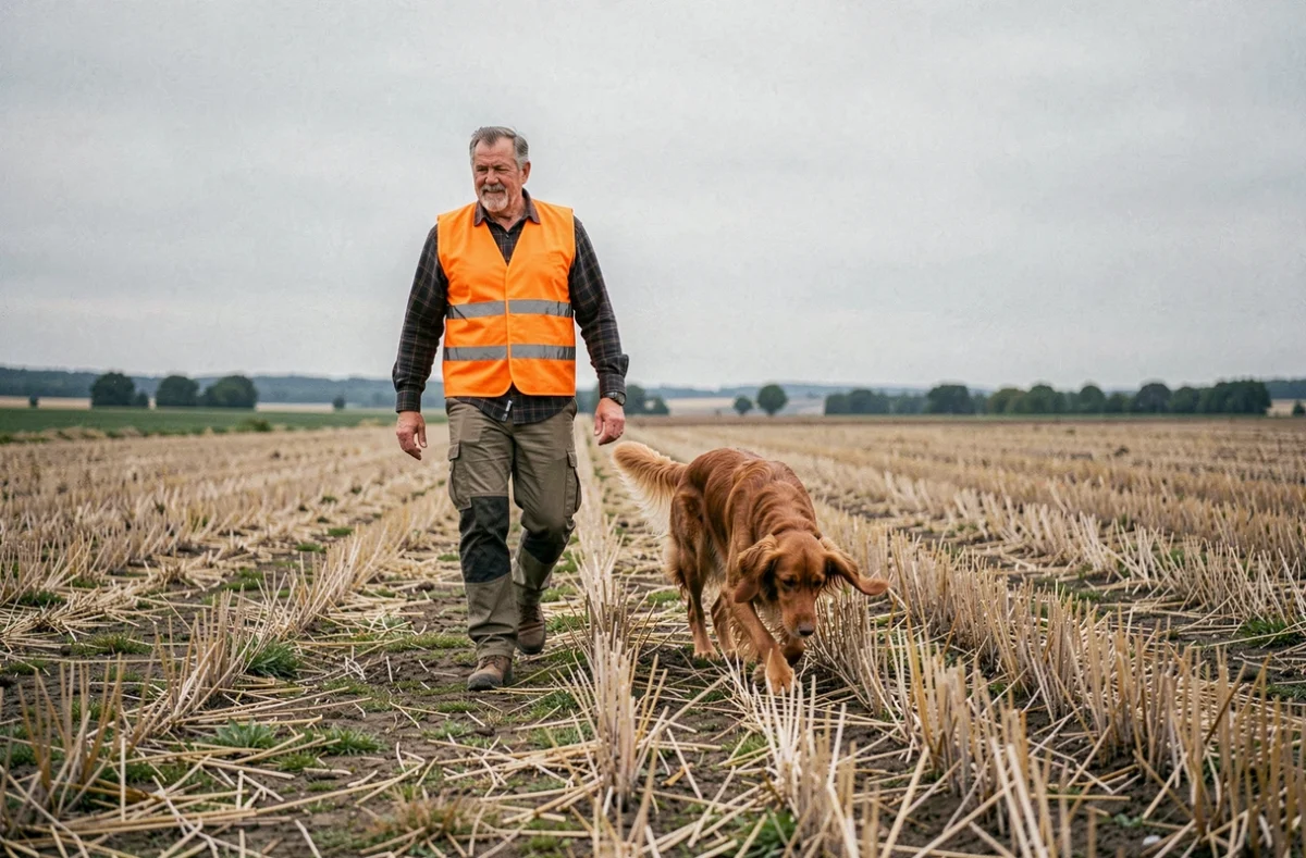 Chasseur et son Setter anglais traversant un champ de chaume lors d'une partie de chasse, soulignant les risques couverts par une assurance chien de chasse