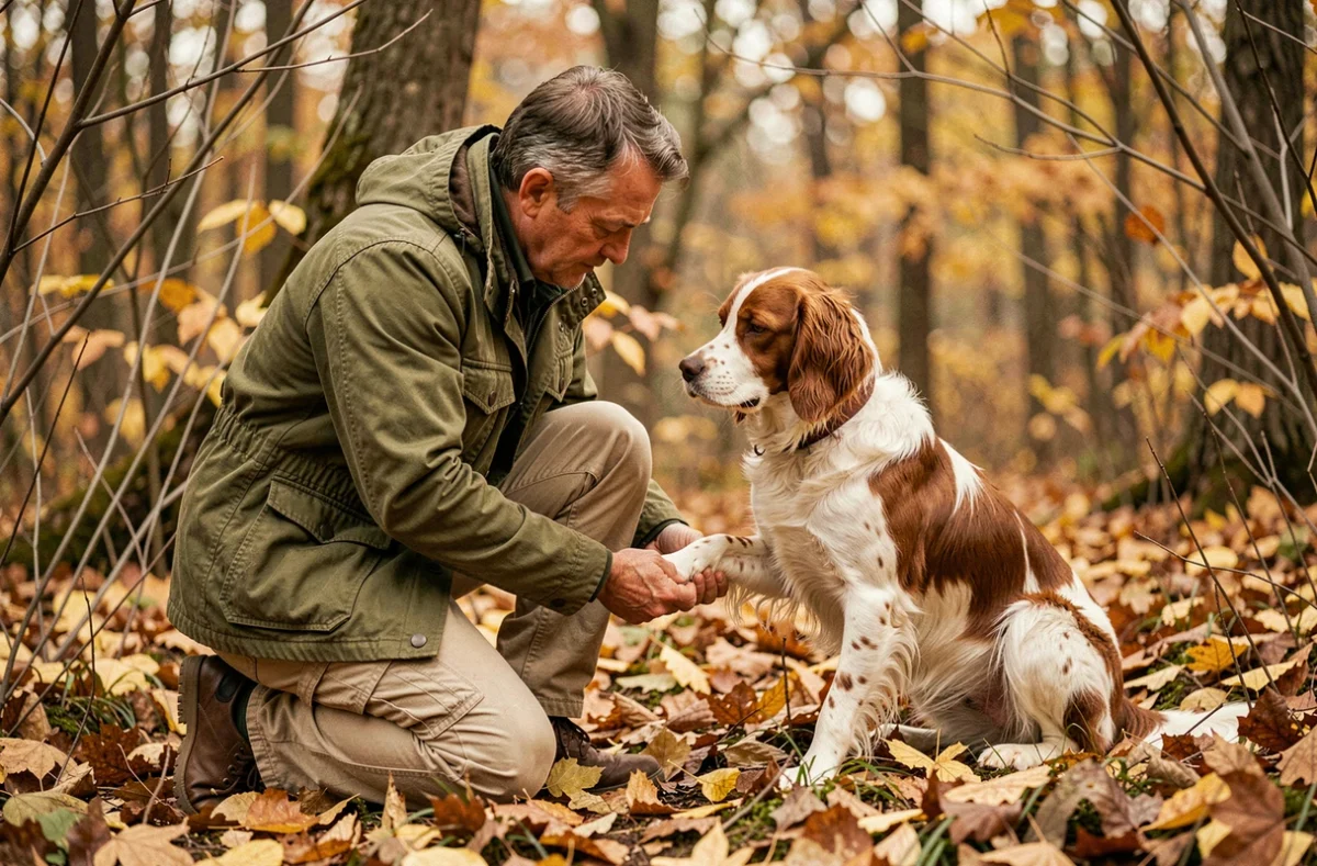 Chasseur examinant la patte de son chien de chasse Épagneul Breton en forêt d'automne, illustrant l'importance des soins et de l'assurance pour chien de chasse