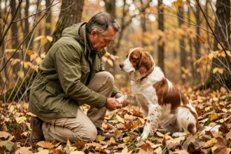 Chasseur examinant la patte de son chien de chasse Épagneul Breton en forêt d'automne, illustrant l'importance des soins et de l'assurance pour chien de chasse