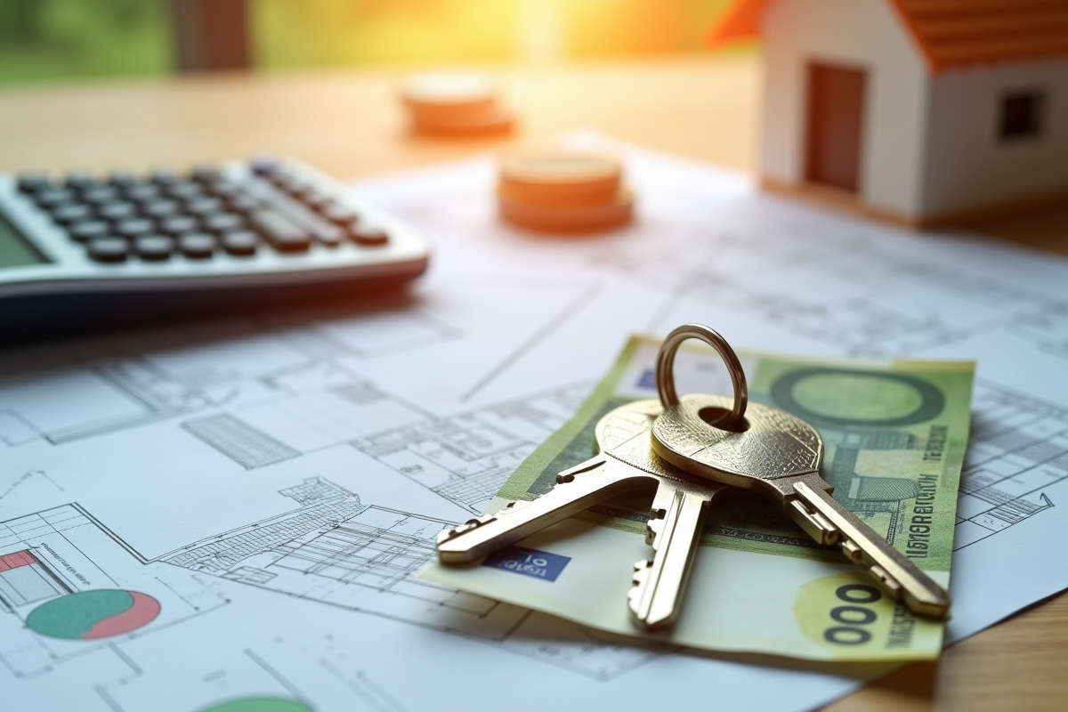 Clés de maison sur plans avec argent et calculatrice pour financement