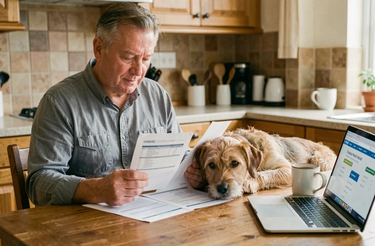 Homme à domicile comparant des contrats d'assurance chien sur sa table de cuisine avec son chien à ses côtés