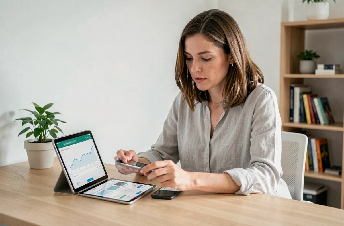 Femme comparant des applications bancaires en ligne et Plum Épargne sur tablette et smartphone dans un bureau à domicile moderne