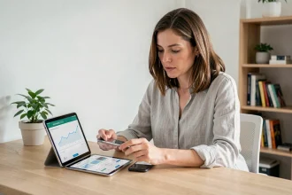 Femme comparant des applications bancaires en ligne et Plum Épargne sur tablette et smartphone dans un bureau à domicile moderne