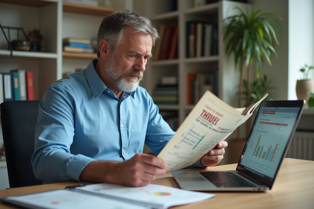 Homme comparant un catalogue de prix en anciens francs avec des données statistiques INSEE sur ordinateur portable
