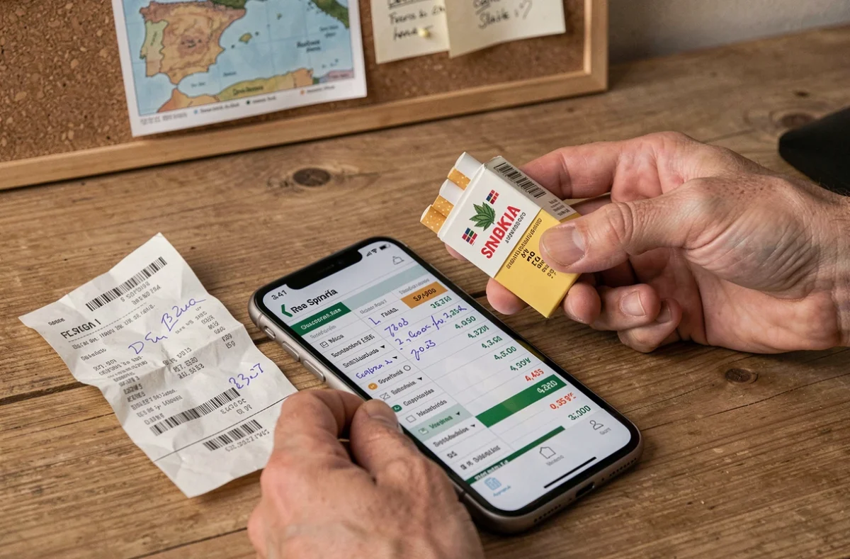Comparaison de prix du tabac espagnol avec calcul des économies sur un bureau à domicile
