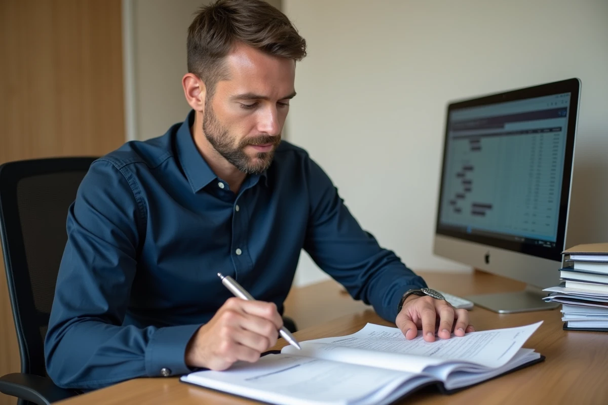 Comptable homme en chemise bleue calculant les acomptes d'IS et de TVA sur un bureau en bois avec des documents fiscaux