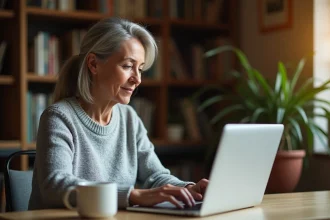 Femme connectée à son espace client bancaire Bps Cyberplus sur un ordinateur portable dans un bureau à domicile