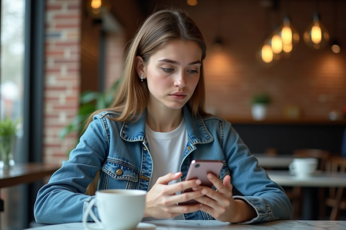 Jeune femme accédant à son espace sécurisé Bps Cyberplus via une application mobile dans un café urbain