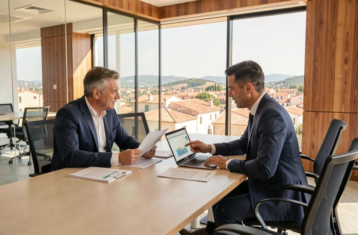 Conseiller en placement en Occitanie présentant des stratégies d'investissement à un client dans un bureau moderne avec vue sur la ville