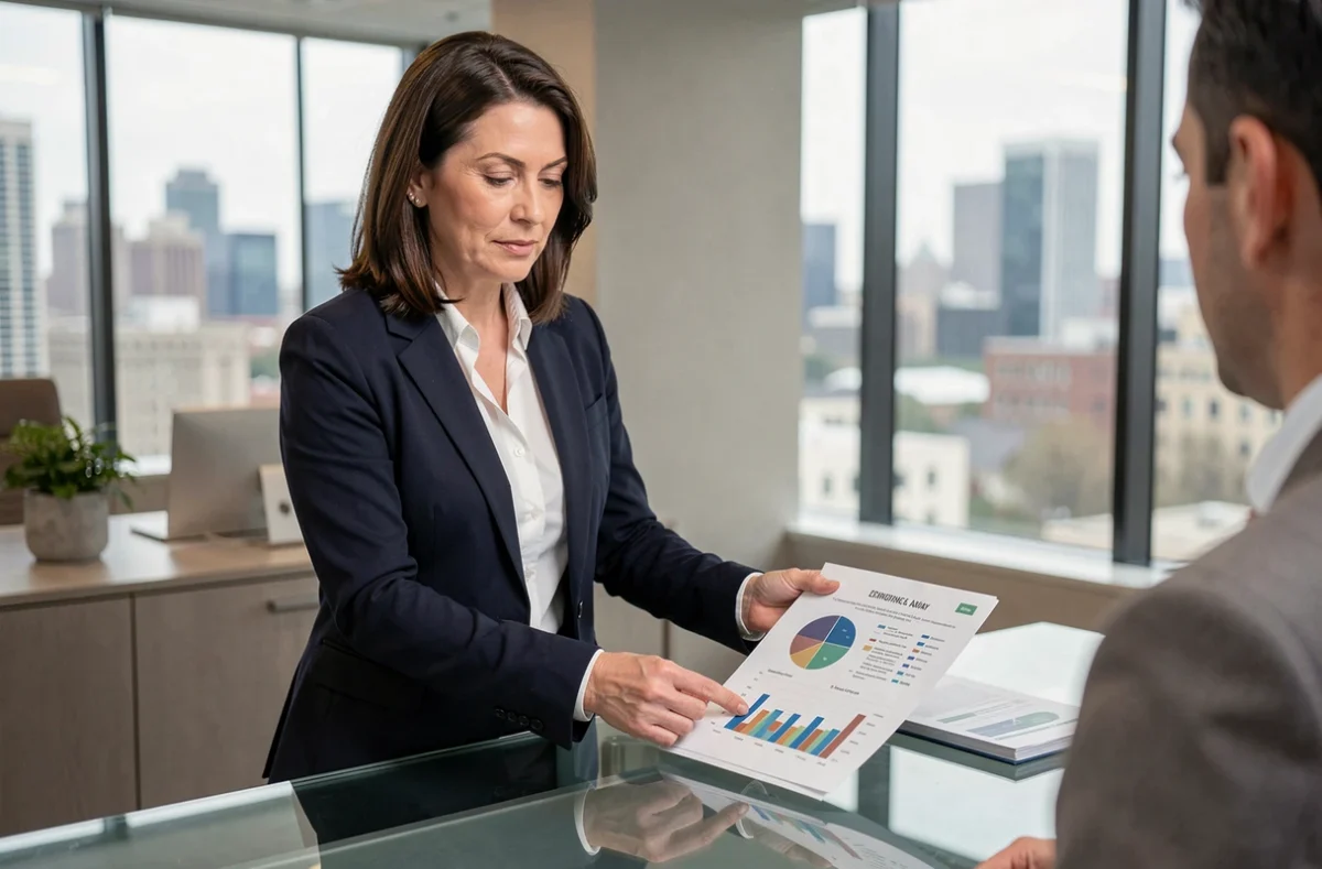 Une conseillère financière présente les garanties d'une assurance emprunteur Fidelidade à un client dans un bureau professionnel