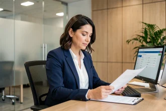 Conseillère bancaire Banque Populaire Val de France vérifiant des documents sécurisés au guichet