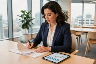 Conseillère financière analysant des documents sur les SCPI disponibles sur Linxea Spirit 2 dans un bureau moderne