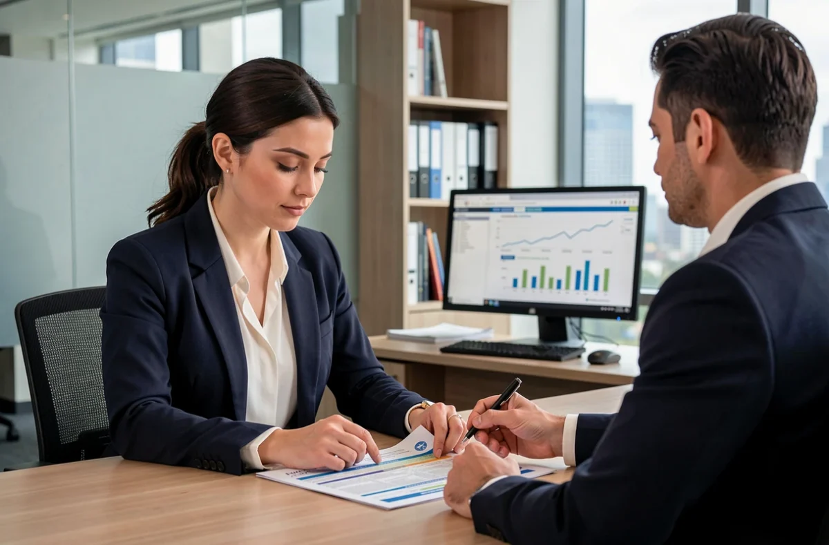 Conseillère bancaire présentant les garanties et tarifs d'une assurance emprunteur à une cliente
