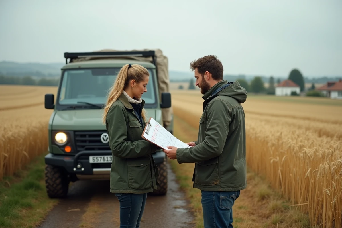 Deux conseillers agricoles comparant des données de prix du quintal de blé par région en bordure d'un champ de blé en France