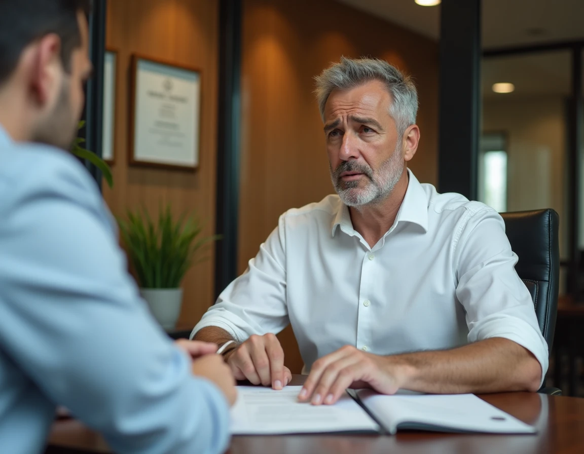 Homme en consultation avec un conseiller bancaire examinant un document lié à un interdit bancaire, illustrant les démarches pour régulariser sa situation financière