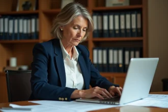 Femme consultant son dossier préventel sur ordinateur portable dans un bureau à domicile