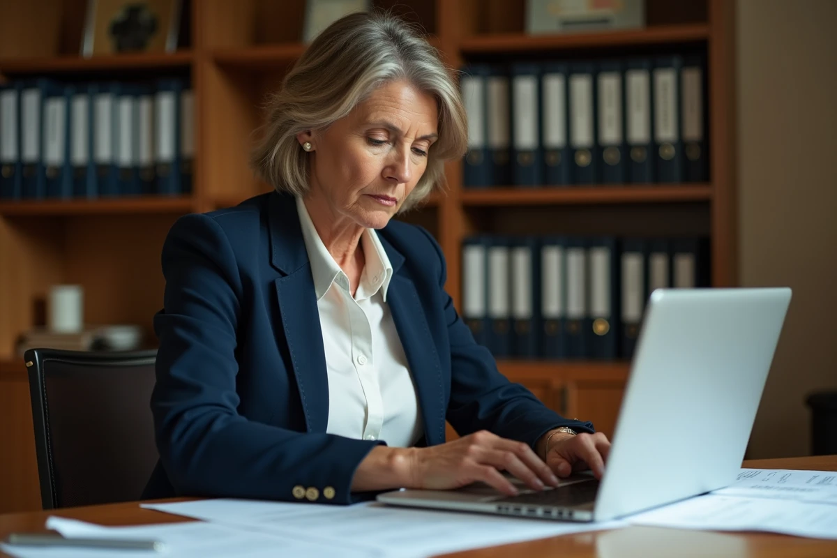Femme consultant son dossier préventel sur ordinateur portable dans un bureau à domicile