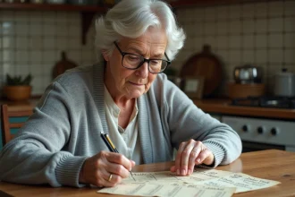 Femme consultant un tableau de conversion anciens francs en euros avec des documents INSEE sur une table en bois