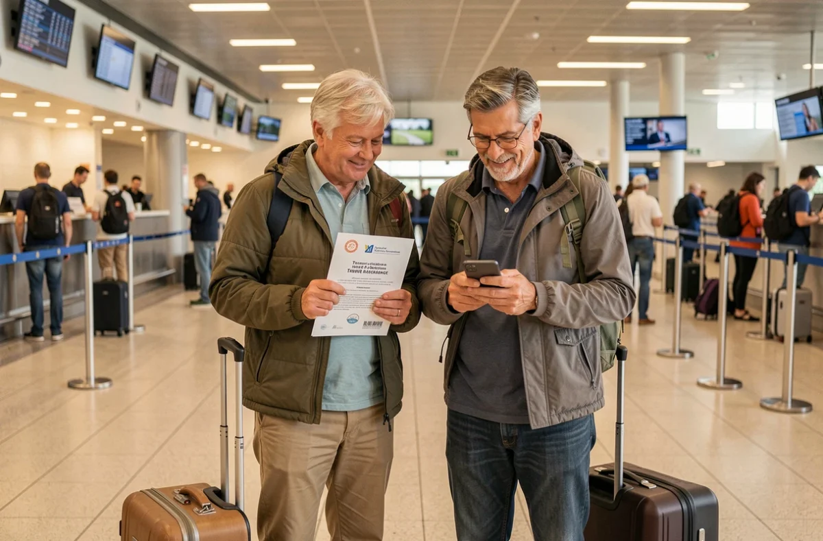 Couple vérifiant leur attestation d'assurance voyage La Banque Postale avant l'embarquement