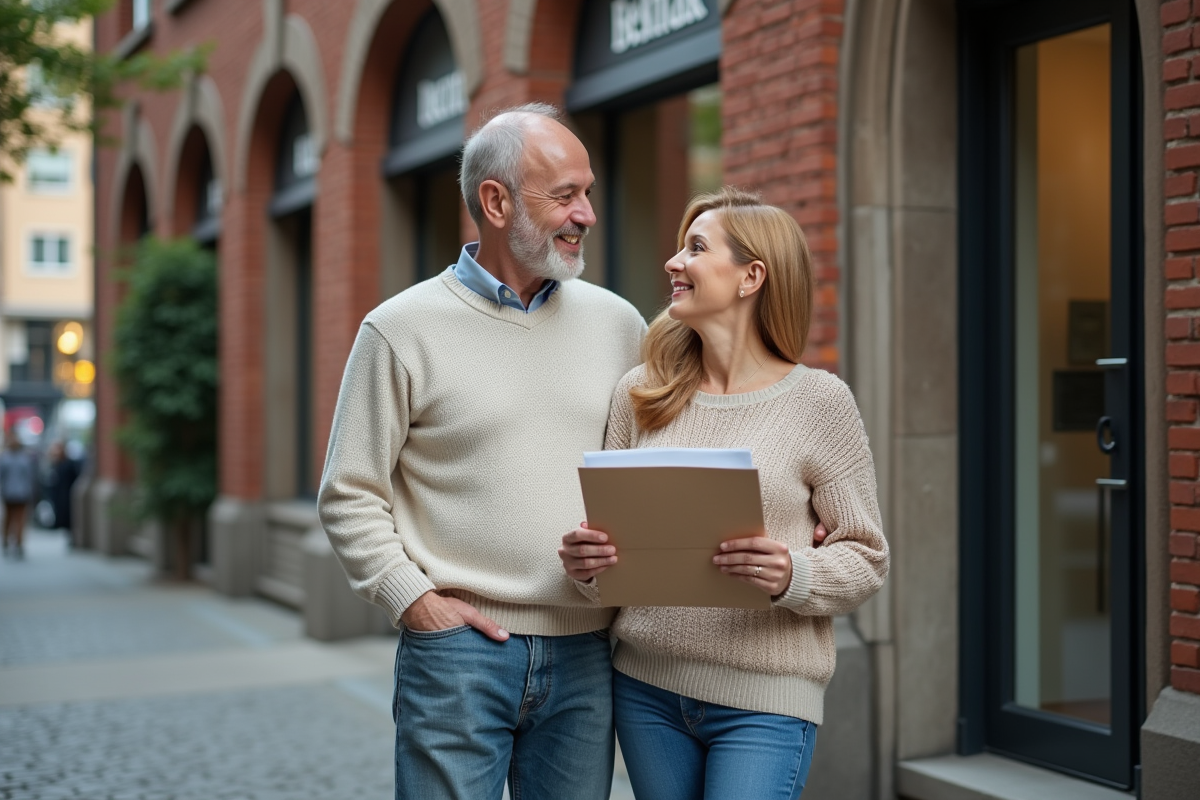 Couple discutant devant une banque en milieu urbain