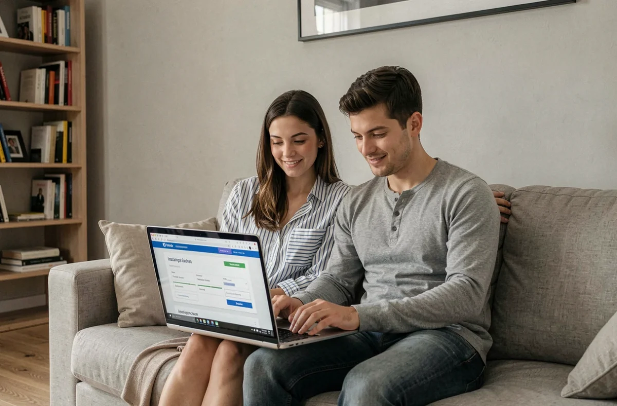 Un couple de jeunes propriétaires compare les avis sur l'assurance emprunteur Fidelidade sur un ordinateur portable