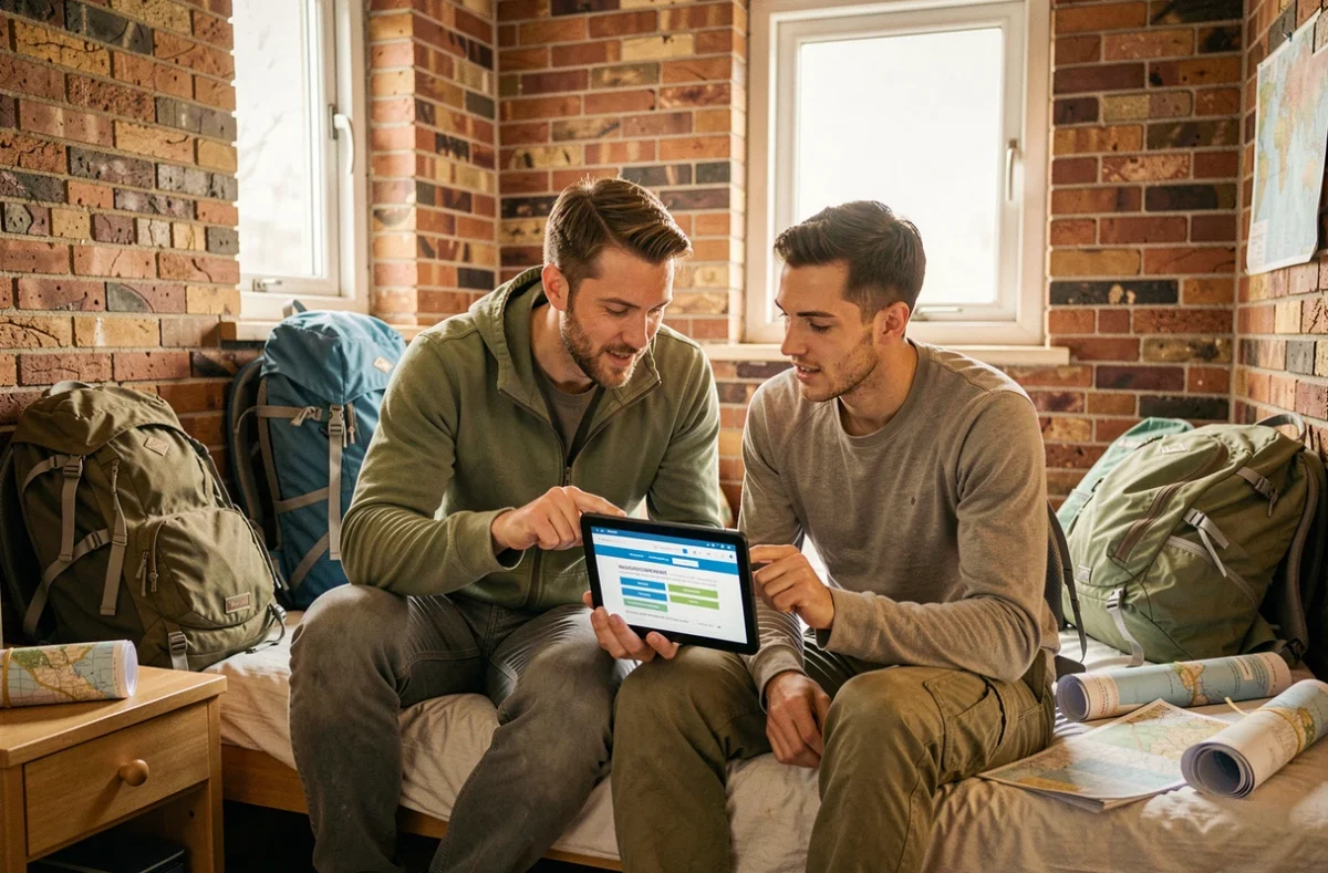 Couple de voyageurs comparant des offres d'assurance voyage longue durée sur une tablette dans une chambre d'auberge