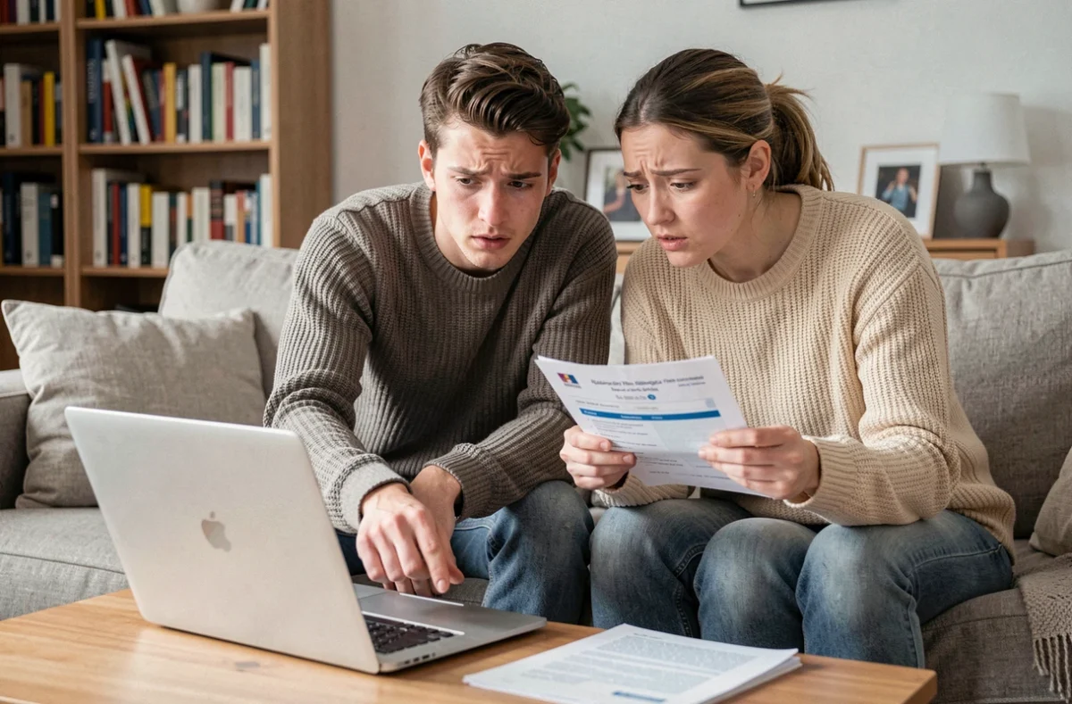 Couple consultant le portail des créances publiques en ligne depuis leur domicile