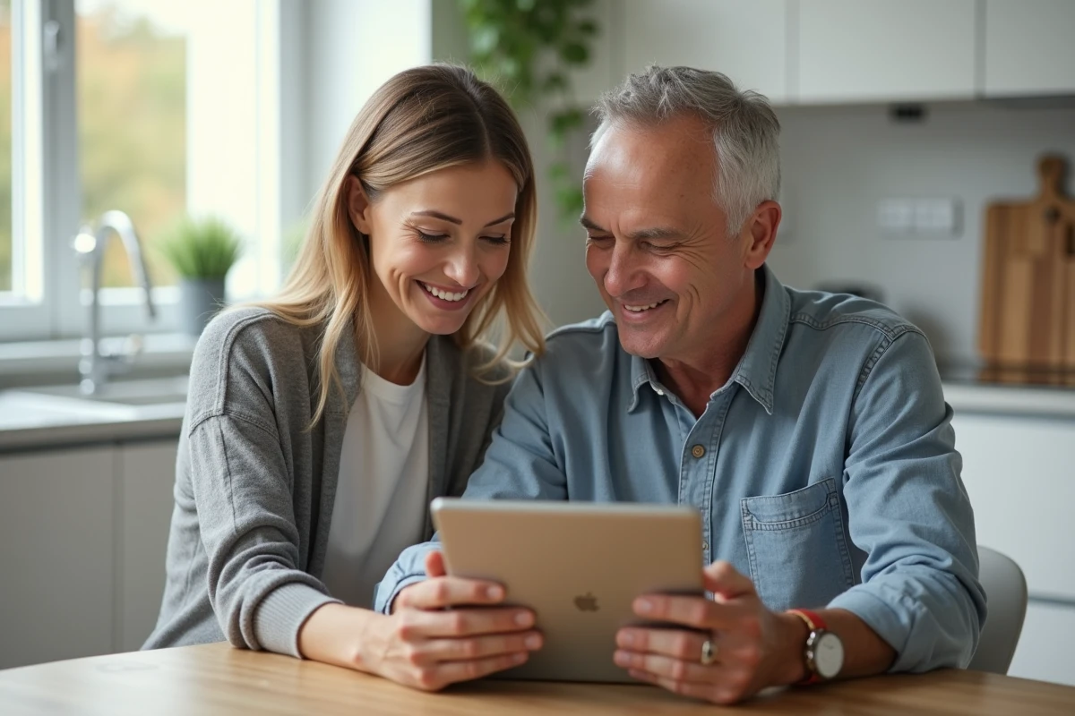 Couple gérant ensemble leurs finances et comptes bancaires LCL à distance sur une tablette depuis leur cuisine le week-end