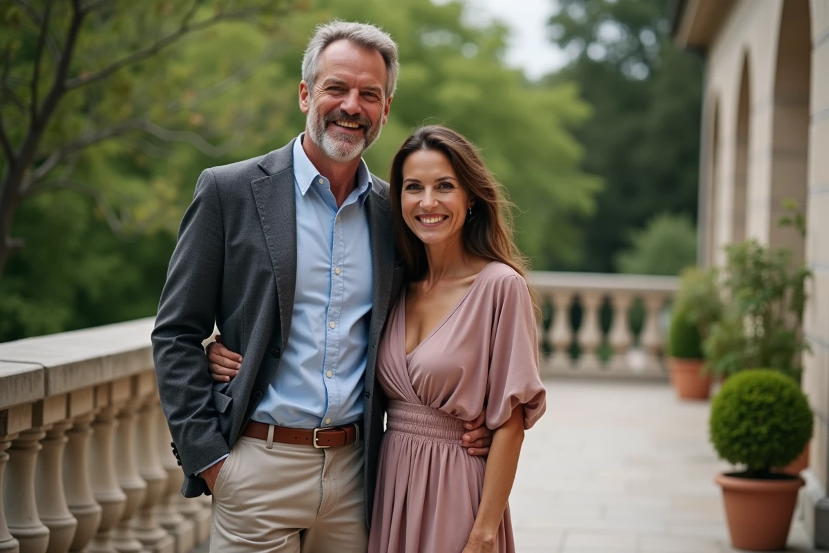 Couple souriant sur une terrasse de jardin élégante