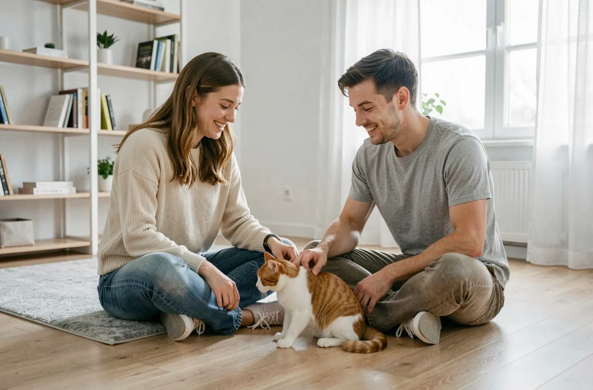 Jeune couple souriant jouant avec leur chat roux et blanc sur le parquet de leur appartement, symbolisant l'importance de choisir une assurance chat adaptée