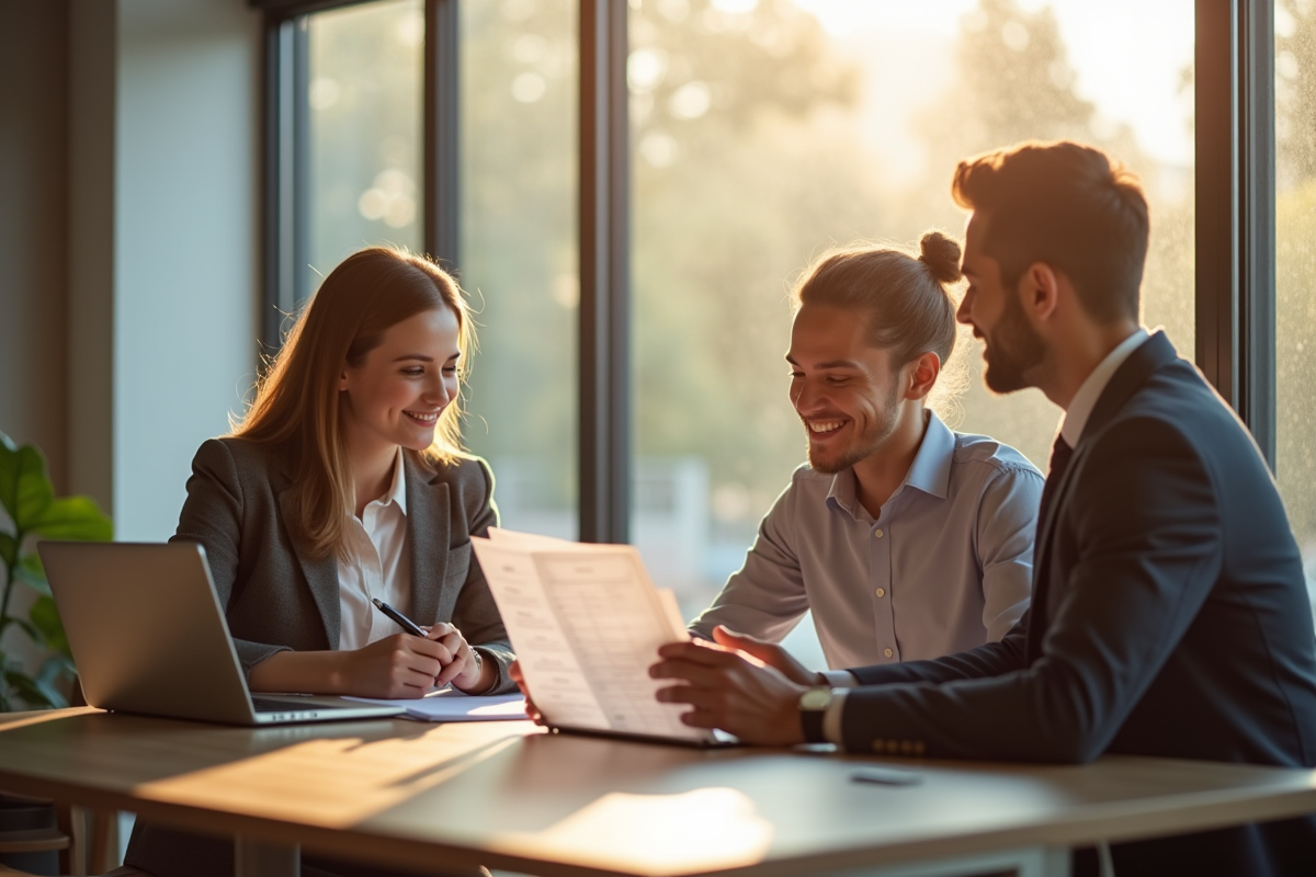 Jeune couple professionnel avec un banquier pour un projet immobilier