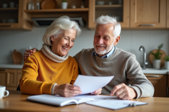 Couple senior souriant en préparant leur pension à la maison