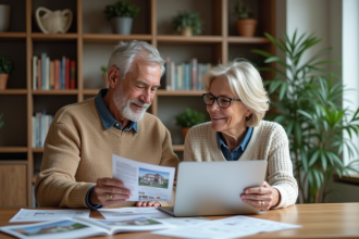 Couple d'adultes réunis autour de brochures immobilières