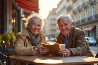 Couple senior souriant au café en ville avec brochures